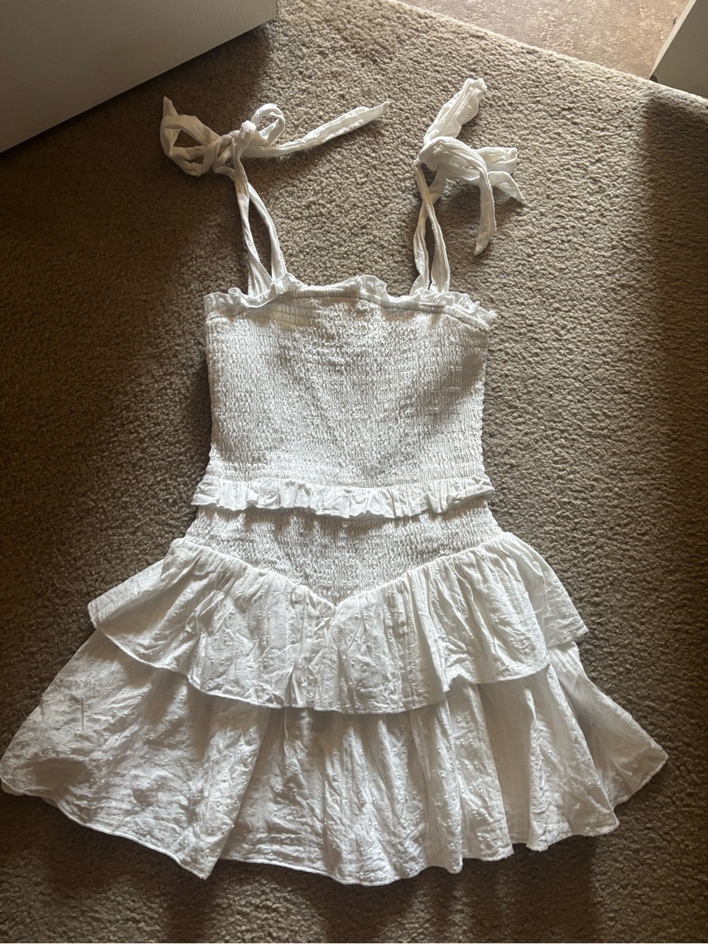Katie J NYC White Smocked Tie-Shoulder Ruffle Dance Dress